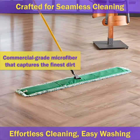 Top Shelf 6 Pack Microfiber Sweeper Mop Pads, 60 Inch Replacement Dry Dust Mop Heads on hardwood floor.