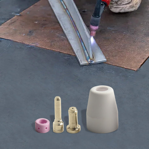 Pro Grade Plasma Torch Accessories Kit with electrodes, nozzle tip, vortex ring, and shield cup for PCM 500i systems in use on metal.
