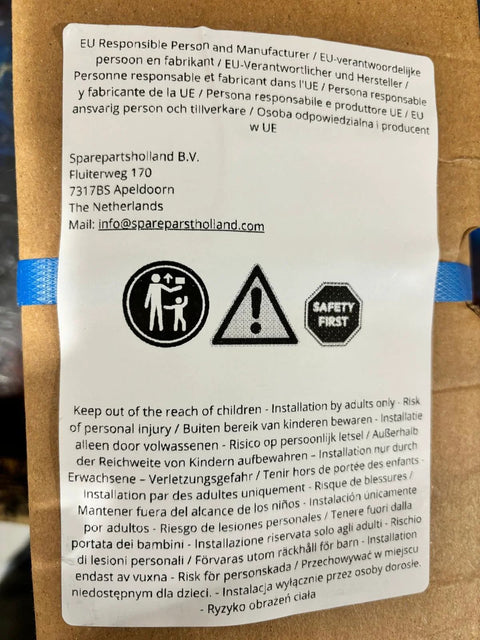 Front view of a cardboard box with Spareparts Holland label for tractor remote 6-port diverter valve; EU safety icons and contact info.