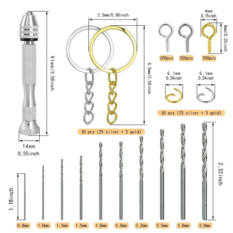 Top Shelf Steel Pin Vise Hand Drill Kit Boasting 670 Pcs Rad Craft Gear with drill bits, keychain loops, and eye pins.