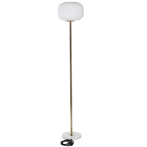 Tall Metal Floor Lamp With Round Ribbed Shade For Living Room, White Contemporary Standing Lamp, 64 Inch Tall