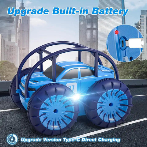 Amphibious Remote Control Car For Kids 3 To 12 Rechargeable RC Toy With 360 Degree Flips shown with USB-C charging port