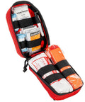 NAR Public Access Bleeding Control Kit Basic in red pouch opened to show CAT tourniquet, gauze and survival blanket.