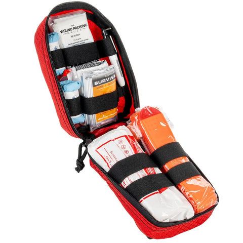 NAR Public Access Bleeding Control Kit Basic in red pouch opened to show CAT tourniquet, gauze and survival blanket.