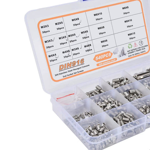 Top Notch 540Pc Grub Screw Assortment Kit Made From Premium 304 Stainless Steel Durable Rust Proof Set Screws With Secure Hold For Heavy Duty Jobs Super Easy To Find And Carry In Clear Storage Box, open clear case with assorted 304 stainless steel grub screws