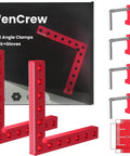 7.1 Inch 90 Degree Positioning Squares Right Angle Clamps For Woodworking, Aluminum Alloy L Type Jig, shown with packaging and clamps