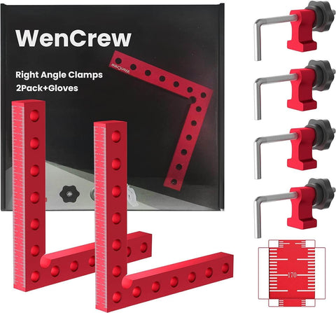 7.1 Inch 90 Degree Positioning Squares Right Angle Clamps For Woodworking, Aluminum Alloy L Type Jig, shown with packaging and clamps