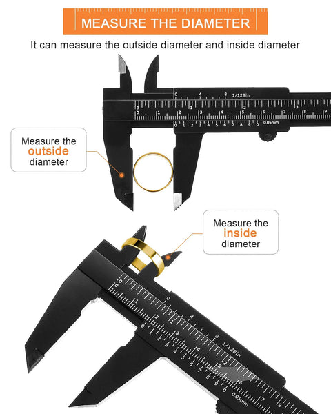 20 Pack Mini Plastic Vernier Calipers 6 Inch 150 mm Dual Scale Metric And Inch Black Eyebrow Ruler, measuring a ring
