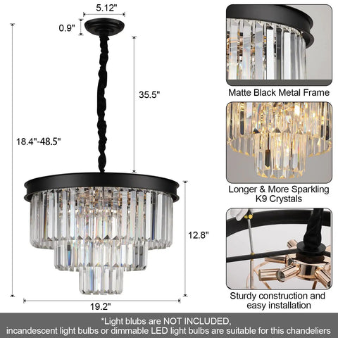 Black Crystal Chandeliers Modern Round Ceiling Light Fixture 20 Inch Dimmable 9 Lights 3 Tier Raindrop Pendant dimensions
