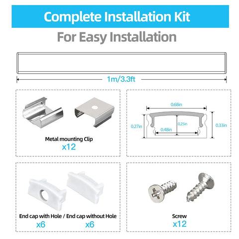 Installation kit for 6-Pack 3.3ft U Shape LED Aluminum Channel System with mounting clips, end caps, and screws.
