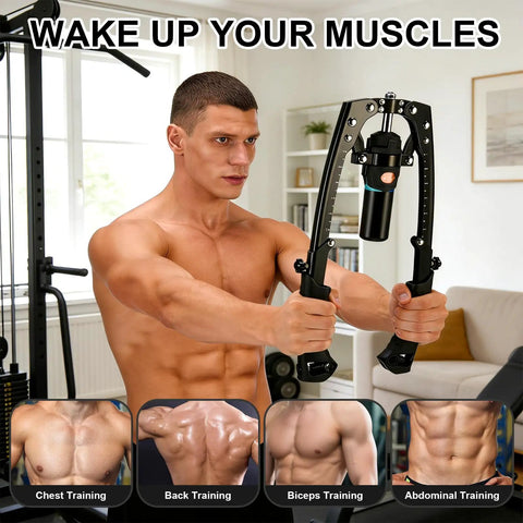 Man using Ultimate Adjustable Hydraulic Power Chest Press Machine Plus Forearm Strengthener And Chest Expander for strength training.