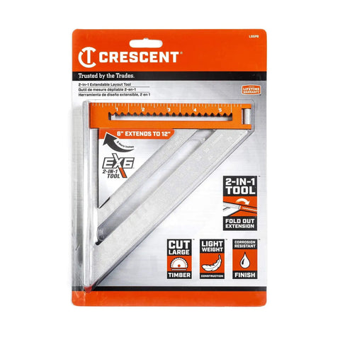 Product packaging of 2 In 1 Extendable Layout Tool With 6 Inch Fold Out Arm Built For Pros, Aluminum Construction, Laser Etched Markings.