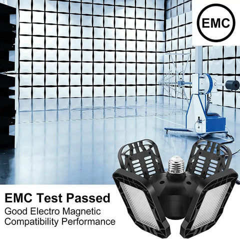 Two Pack Four Panel Garage Light Kit With Porcelain Lampholders E27 Base 6500K Daylight Four Adjustable Panels 18000 Lumens 180W Equivalent No Shadow Ultra Bright LED Ceiling Lights For Workshop And Garage in EMC test environment, showcasing compliance.