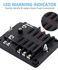Six Way 12V Blade Fuse Box with Negative Bus showing LED indicator and detailed close-up, waterproof 6 circuit fuse block