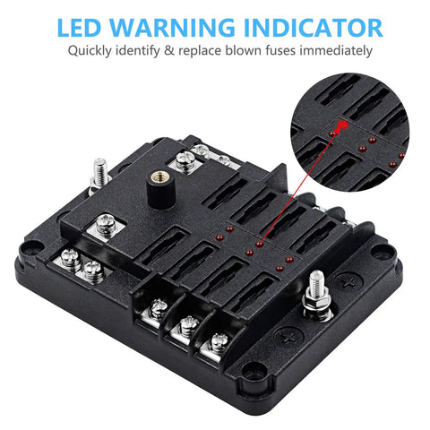 Six Way 12V Blade Fuse Box with Negative Bus showing LED indicator and detailed close-up, waterproof 6 circuit fuse block