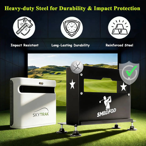 Rugged Protective Case With Built In Level for SkyTrak Plus, showcasing durability and metal shield with four adjustable feet.