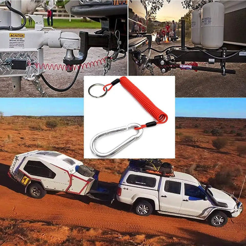 Collage of 4 Foot Breakaway Trailer Cable With Pin Emergency Brake Wire Coiled Stainless Steel Spring for RVs and trailers