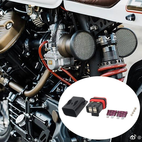 Close-up of motorcycle electrical system with 2 Pack 40A Motorcycle Fuse Holder Set For Electrical Systems On Bikes shown in inset