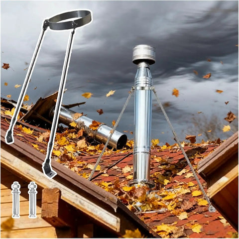 Rock Solid Stainless Steel Chimney Flue Support Bracket For Wood Stoves And Fireplaces on a sloped roof with exhaust pipe.