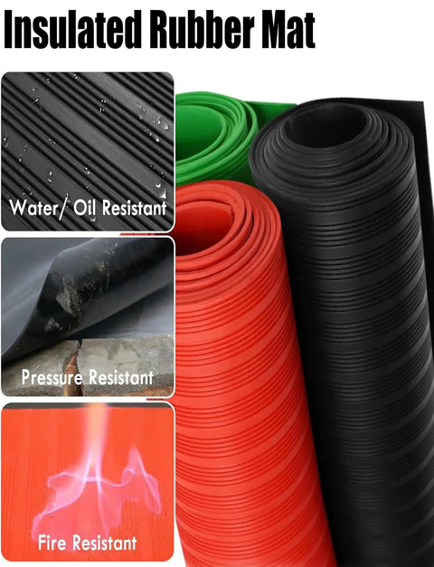 Real Deal 5mm Electrical Insulated Rubber Mat High Voltage Safety Flooring Antishock Substation Workpad in black, red, and green rolls.
