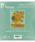 Microfiber lens cleaning cloth packaging with Van Gogh Sunflowers artwork on mint-green background; RainCaper Accent.