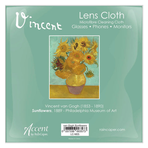Microfiber lens cleaning cloth packaging with Van Gogh Sunflowers artwork on mint-green background; RainCaper Accent.