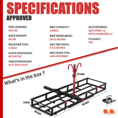Beefy 2 Bike Hitch Rack And Foldable Cargo Carrier For E Bikes, illustration with dimensions and specifications