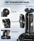 Close-up of 6 Inch Camera Suction Cup Mount With Ball Head Magic Arm for Car Windshield and Dash, detailing 360° rotatable ball heads.