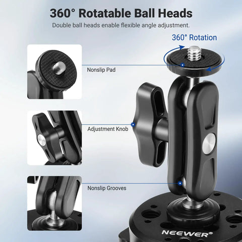 Close-up of 6 Inch Camera Suction Cup Mount With Ball Head Magic Arm for Car Windshield and Dash, detailing 360° rotatable ball heads.