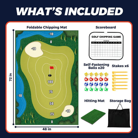 Chipping Golf Practice Mats Set With Sticky Balls For Indoor And Outdoor Play, Mega Sized 70.8 x 47.25 inch mat, stakes, and accessories.
