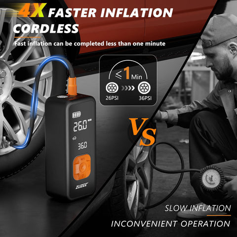 Portable Tire Inflator Air Pump With Digital Pressure Gauge And LED Light, 4X Faster Inflation To 150 PSI beside car wheel