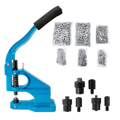 Pro Grade Grommet Tool Kit With Eyelet And Rivet Press Three Dies One Quarter One Half And 1500 Grommets Hand Press Machine for Fabric and Leather DIY Projects, includes hand press, dies, and grommets displayed.