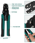 Pin Connector Kit With Crimping Pliers, Pro Grade 450Pcs Terminal Pins, detailed view of crimping pliers and features.