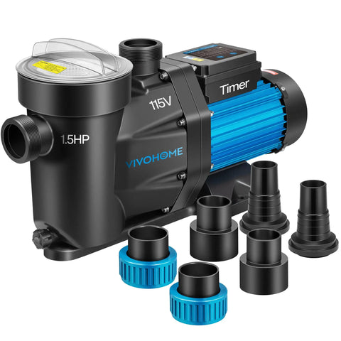 Self Priming Pool Pump For Inground And Above Ground Pools With 1.25, 1.5, And 2 Inch Unions, Energy Saving With Strainer Basket
