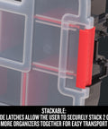 Side view of a 10-Compartment Small Tool Storage Organizer with stackable side latches for secure transport, made from durable plastic.