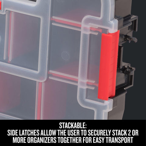 Side view of a 10-Compartment Small Tool Storage Organizer with stackable side latches for secure transport, made from durable plastic.