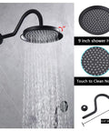 9 Inch Round Matte Black Antique Rain Shower Head Replacement With Swivel Ball Stainless Steel Wall Mount High Pressure Rainfall Waterfall Showerhead Vintage Vibe For Modern Bathrooms shown in use with detail of touch-to-clean nozzles and 30 degree swivel.