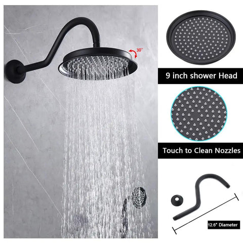 9 Inch Round Matte Black Antique Rain Shower Head Replacement With Swivel Ball Stainless Steel Wall Mount High Pressure Rainfall Waterfall Showerhead Vintage Vibe For Modern Bathrooms shown in use with detail of touch-to-clean nozzles and 30 degree swivel.