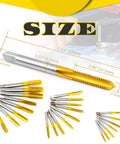Detailed view of Three Style 12-24 UNC Thread Tap Set Right Hand HSS Tap Kit For Metalworking, showing tap dimensions and placement.