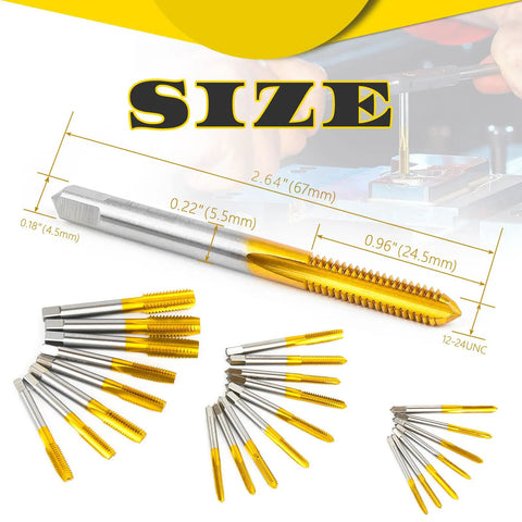 Detailed view of Three Style 12-24 UNC Thread Tap Set Right Hand HSS Tap Kit For Metalworking, showing tap dimensions and placement.