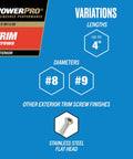 Image showing packaging for PowerPro Premium Exterior Trim Screws with variations in lengths, diameters #8 and #9, and finishes.