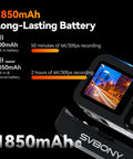 Dope Dual Lens 4K Action Cam With 20MP Photos 6 Axis EIS Stabilization, 1850mAh battery details, urban scene on screen.
