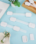 12 Pcs White ABS Cabinet Locks for Kidproofing Drawers and Appliances with Easy Install and Reliable Security on blue background.