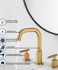 360 Degree Swivel Spout 8 Inch Widespread Two Handle Bathroom Faucet In Antique Brass With Pop Up Drain Deck Mounted Setup Cold And Hot Water Mixing 1.19 GPM Flow - brass faucet with two handles and labeled features.