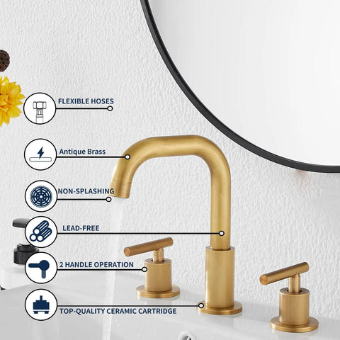 360 Degree Swivel Spout 8 Inch Widespread Two Handle Bathroom Faucet In Antique Brass With Pop Up Drain Deck Mounted Setup Cold And Hot Water Mixing 1.19 GPM Flow - brass faucet with two handles and labeled features.