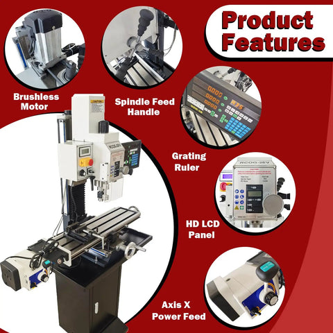 Heavy Duty 1300W Mill Drill Machine Boasts A Crisp DRO Display And A Brushless Motor with spindle feed handle and HD LCD panel.