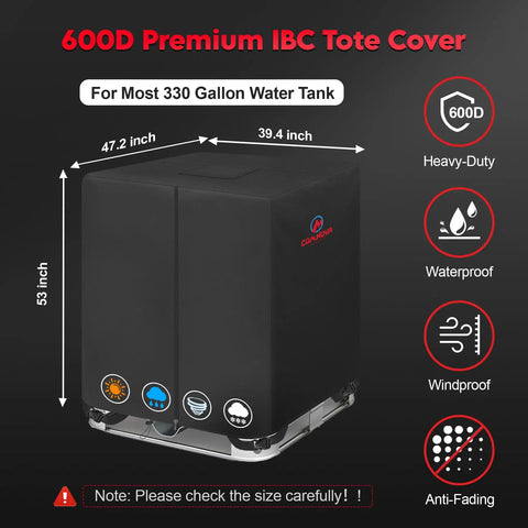 Premium Heavy Duty IBC Tote Cover 330 Gallon With Secure Zipper Water Tank Shell Outdoor All Weather Guard For Farm And Yard Built Dang Tough, showing dimensions and features.