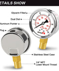 Front view of 2-inch glycerin-filled pressure gauge with stainless steel case and 1/4 in NPT lower mount