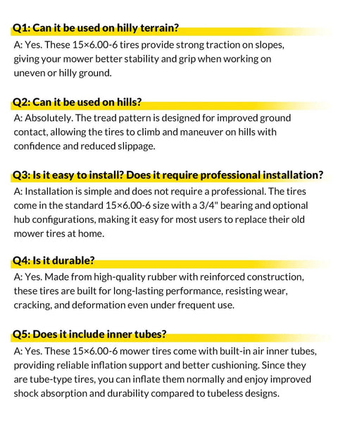 Q&A on 15x6.00-6nhs Beefed Up Lawn Mower Tires and Wheels Set with focus on durability, installation, and hill terrain usage.