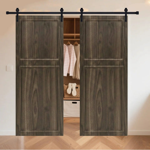 Top Tier Double Sliding Barn Door With Track And Complete Hardware Set For Closets Slick Slide American Made HDF Core, wood finish, modern closet design.